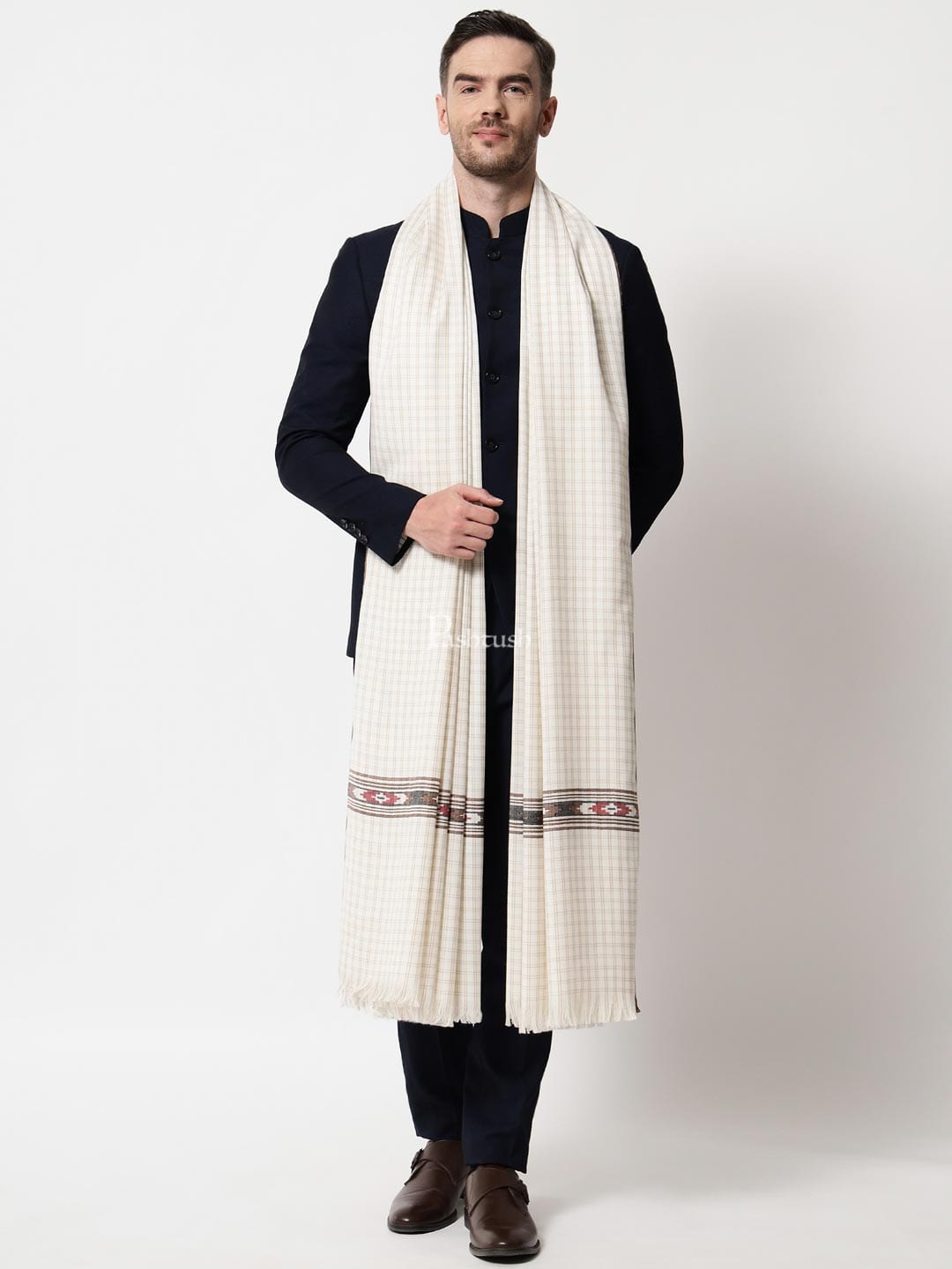 Pashtush Mens Aztec Weave Shawl With Checkered Weave Ivory