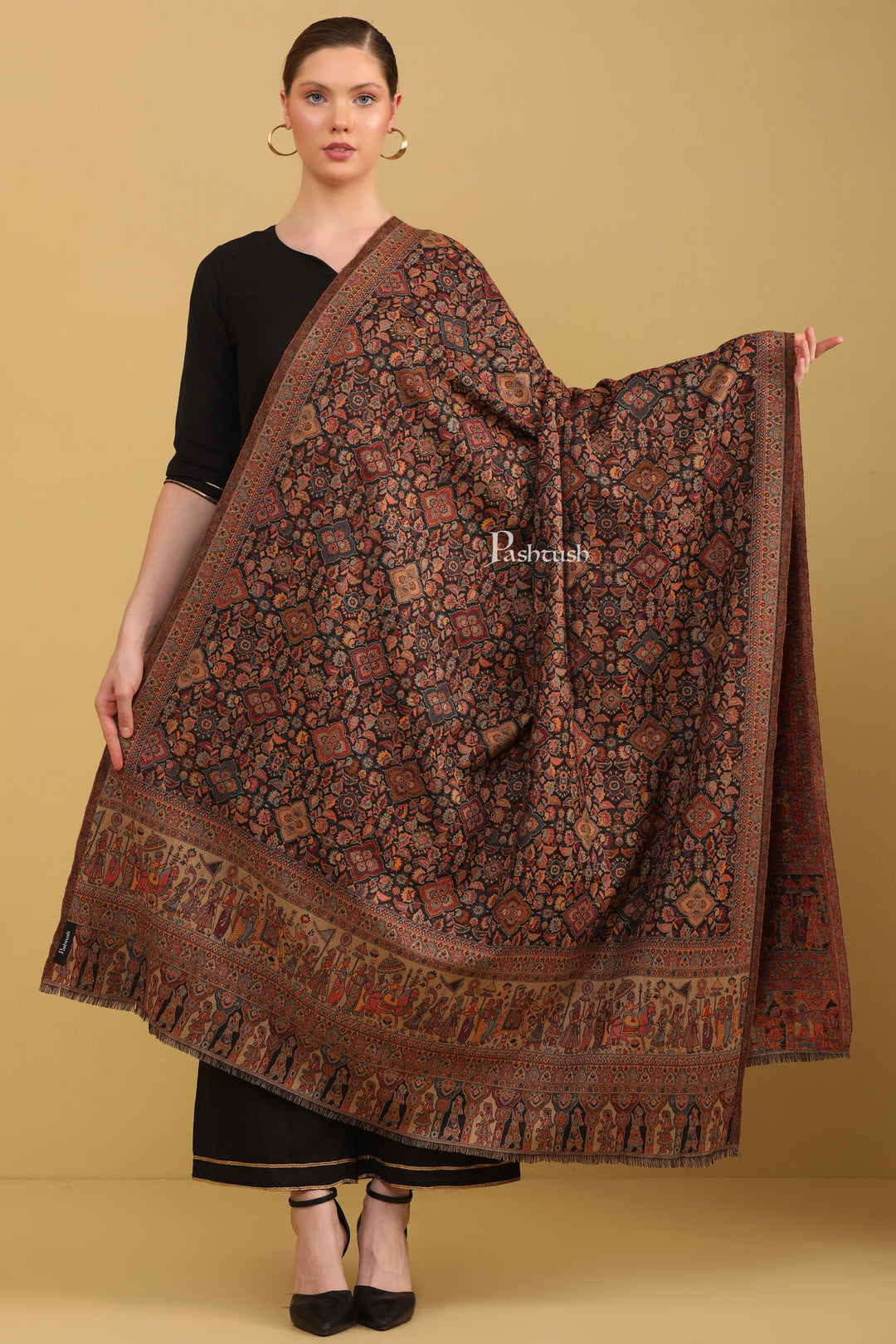 Pashtush Womens Shawl, Ethnic Weave, Darbar Palla, Black