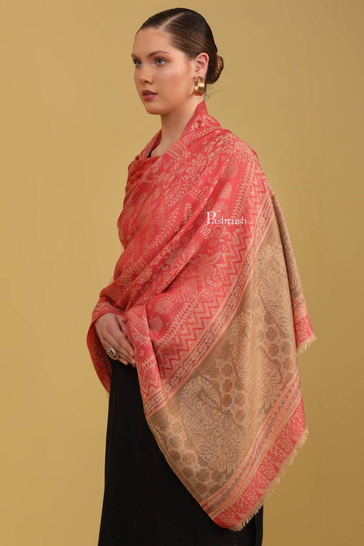 Pashtush Womens Bamboo Shawl, Woven Ethnic Weave With Metallic Threads, Rose