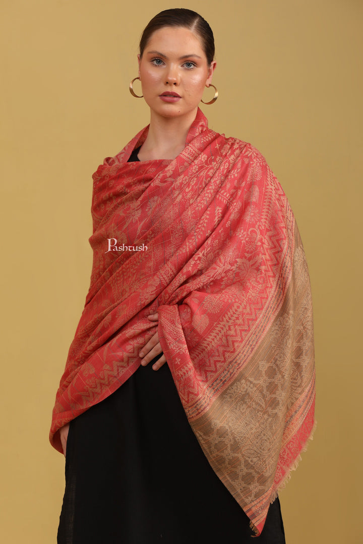 Pashtush Womens Bamboo Shawl, Woven Ethnic Weave With Metallic Threads, Rose