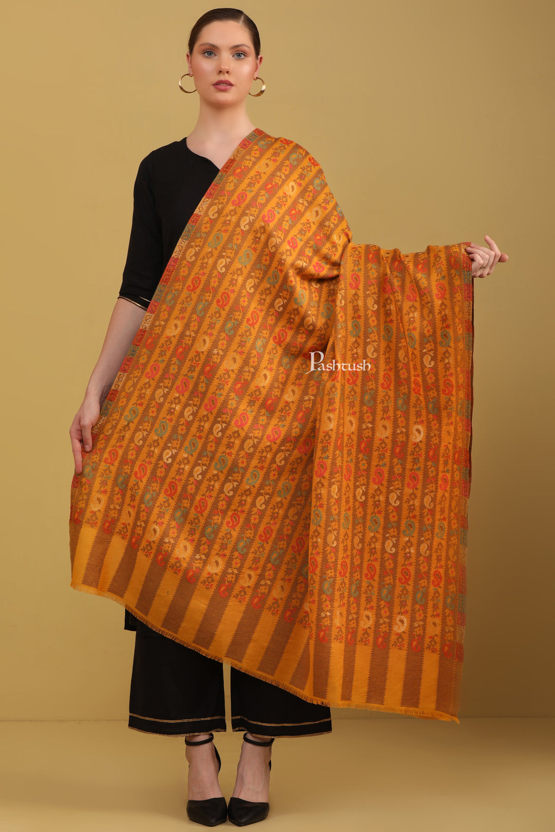 Pashtush Womens Faux Pashmina Shawl, Woven Striped Weave With Metallic Threads, Mustard