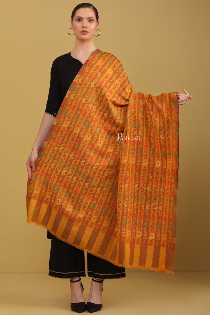 Pashtush Womens Faux Pashmina Shawl, Woven Striped Weave With Metallic Threads, Mustard