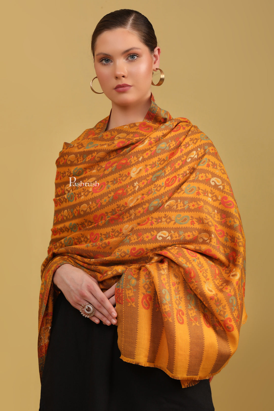 Pashtush Womens Faux Pashmina Shawl, Woven Striped Weave With Metallic Threads, Mustard