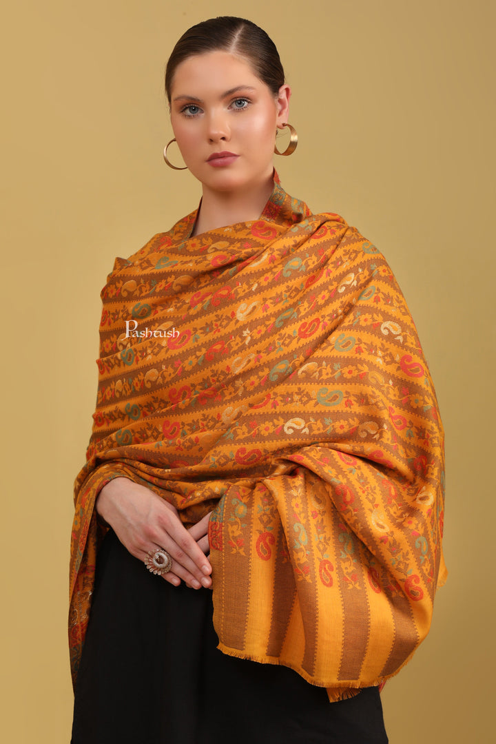 Pashtush Womens Faux Pashmina Shawl, Woven Striped Weave With Metallic Threads, Mustard