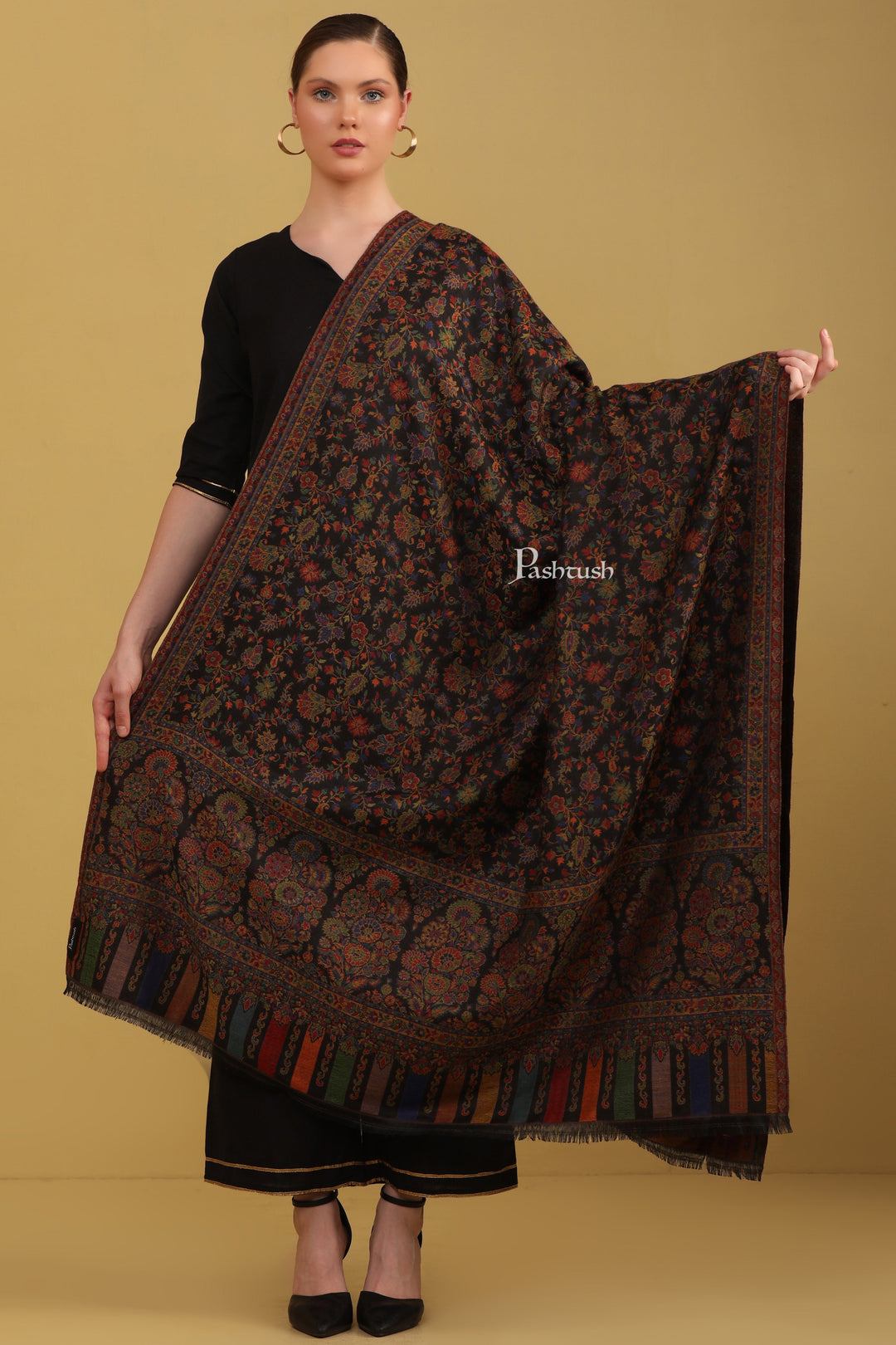 Pashtush Womens Faux Pashmina Shawl, Ethnic  Weave Design, Black