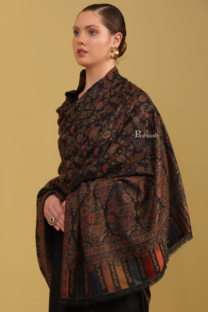 Pashtush Womens Faux Pashmina Shawl, Ethnic  Weave Design, Black