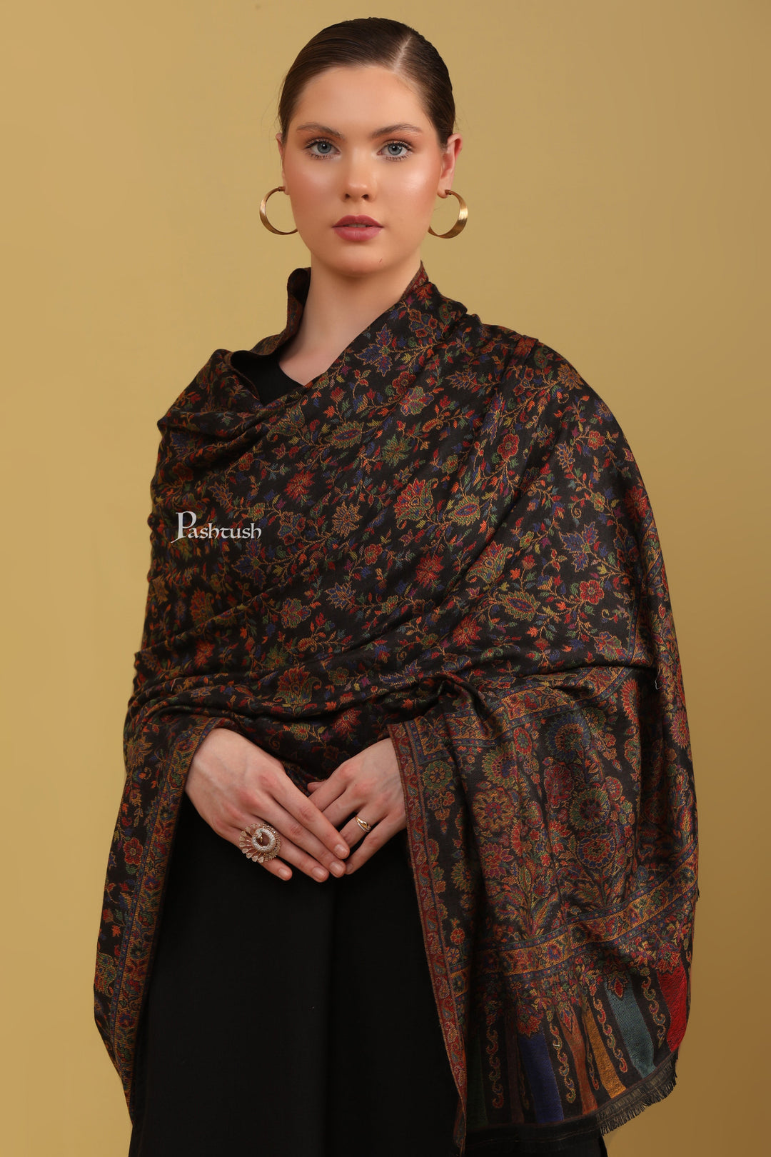 Pashtush Womens Faux Pashmina Shawl, Ethnic  Weave Design, Black