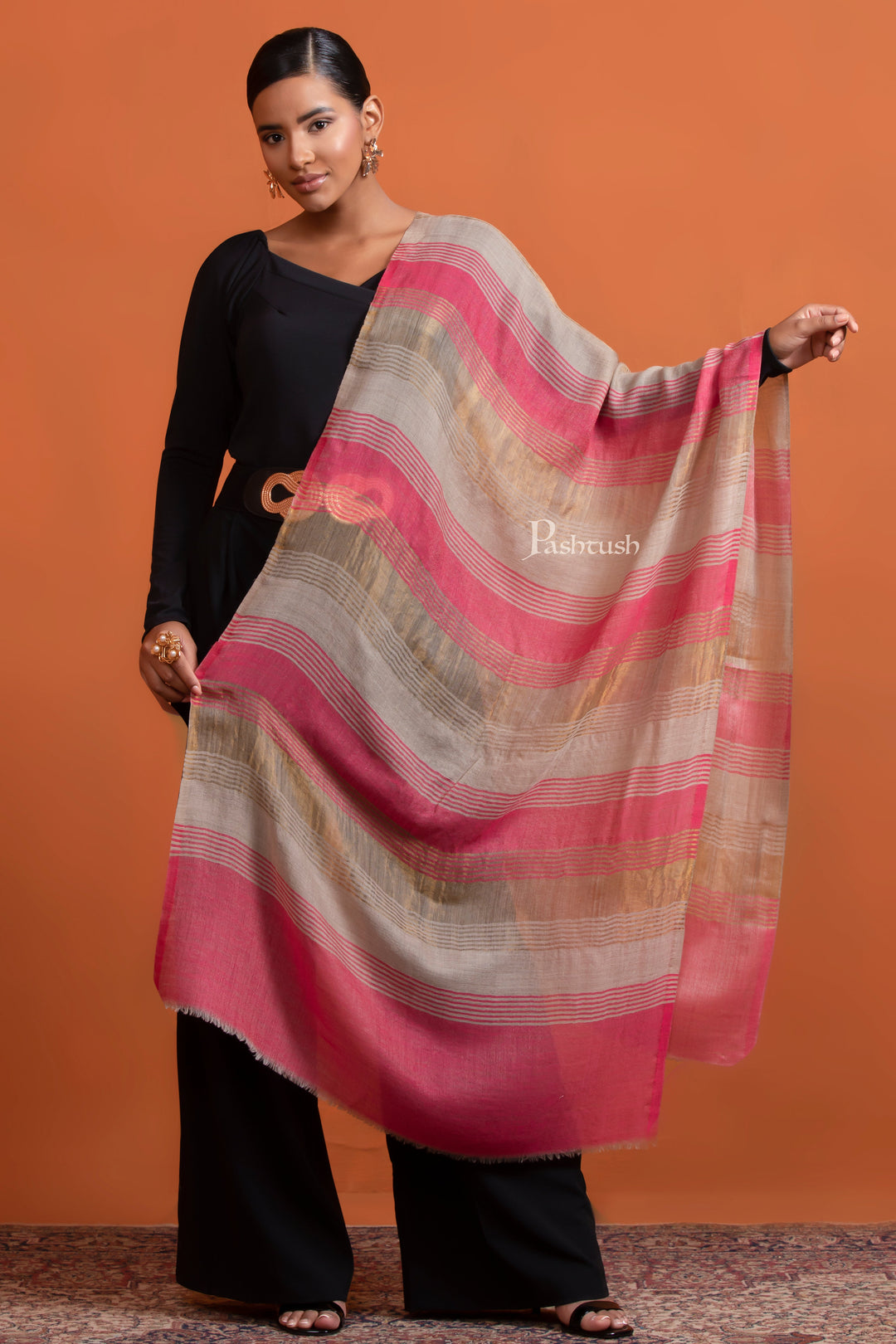 Pashtush Womens Extra Fine Wool Stole, Twilight Collection Striped Design, Pink And Gold