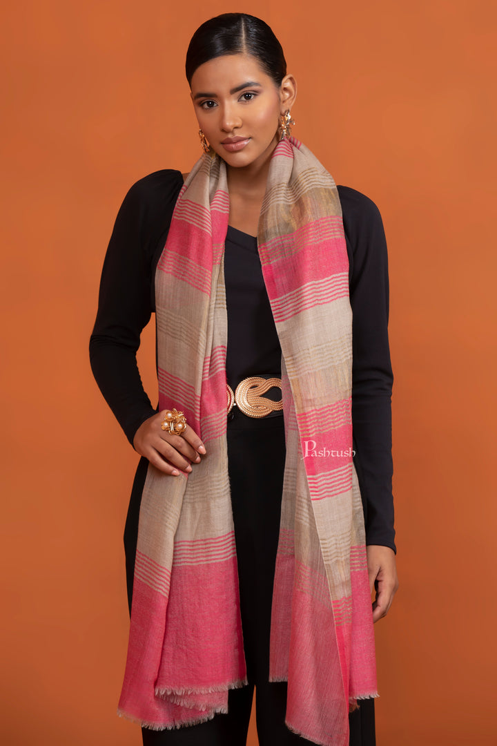 Pashtush Womens Extra Fine Wool Stole, Twilight Collection Striped Design, Pink And Gold