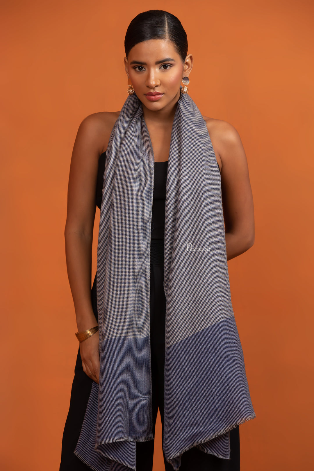 Pashtush Womens Extra Fine Wool Stole, Checkered  Design, Grey