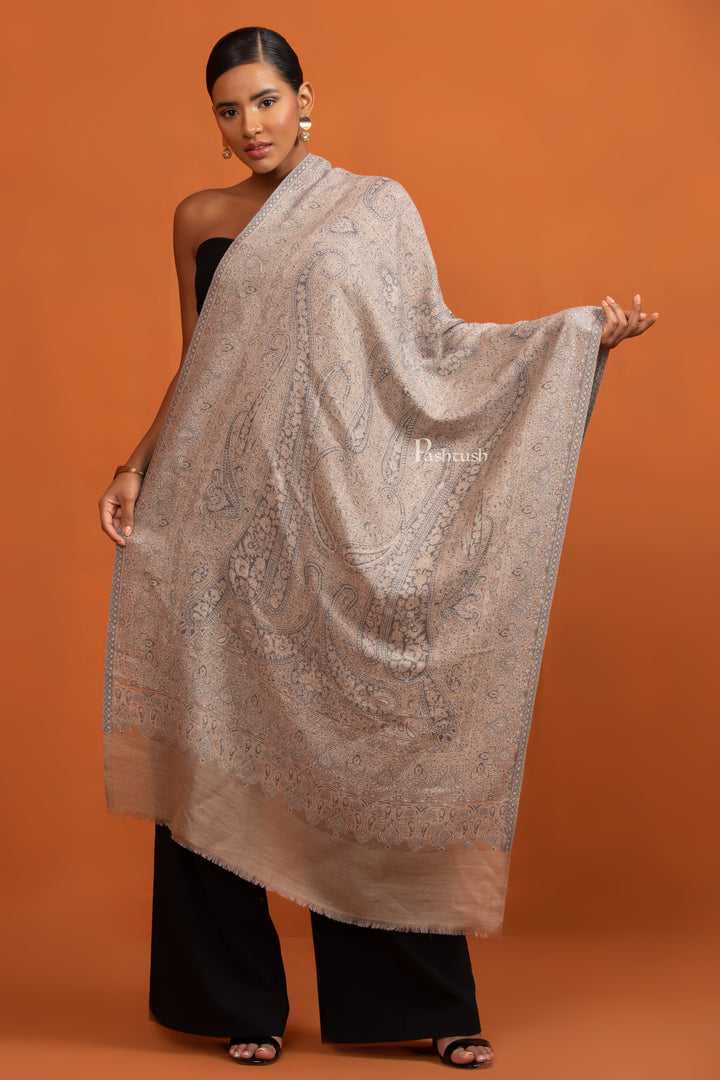 Pashtush Womens Extra Fine Wool Stole, Paisley Jama Design, Taupe