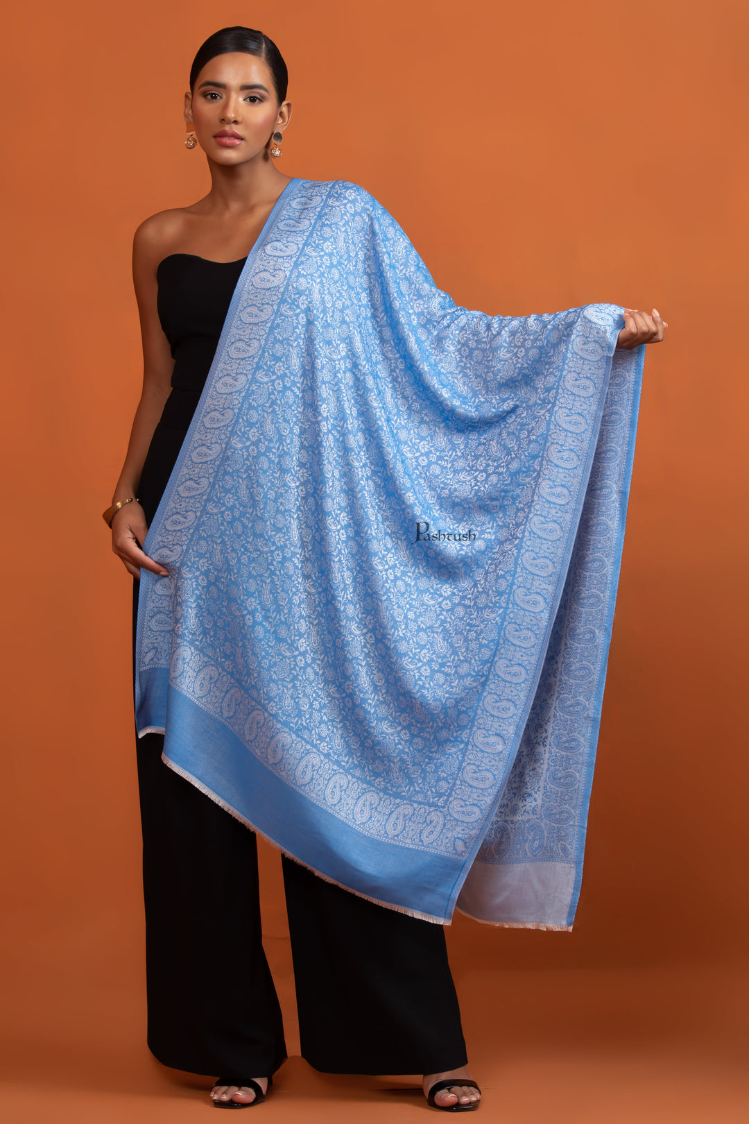 Pashtush Womens Bamboo Stole, Pasiley Weave Design, Arabic Sea Blue