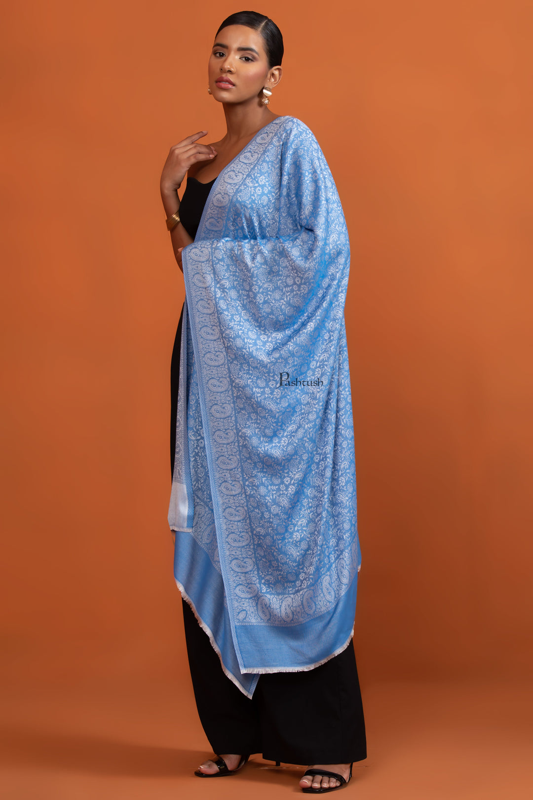 Pashtush Womens Bamboo Stole, Pasiley Weave Design, Arabic Sea Blue