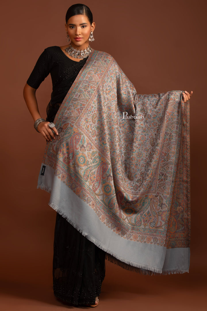 Pashtush Womens Faux Pashmina Shawl, Jamawar Design, Slate Grey