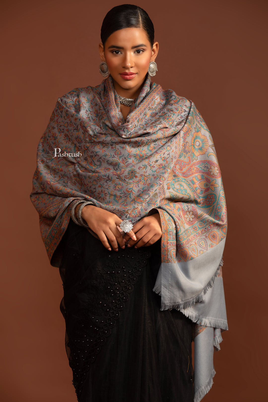 Pashtush Womens Faux Pashmina Shawl, Jamawar Design, Slate Grey