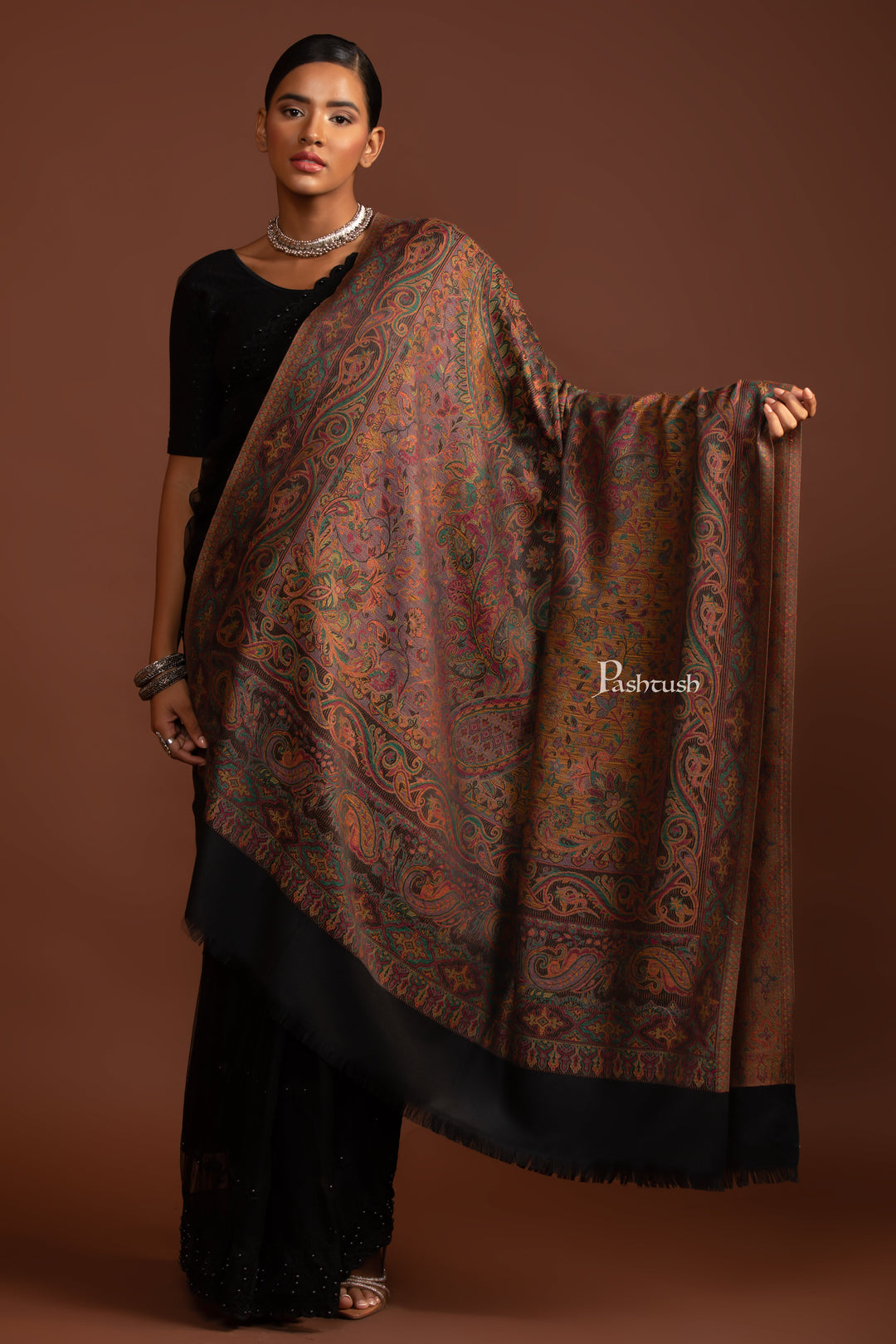 Pashtush Womens Faux Pashmina Shawl, Ethnic Weave Design, Black