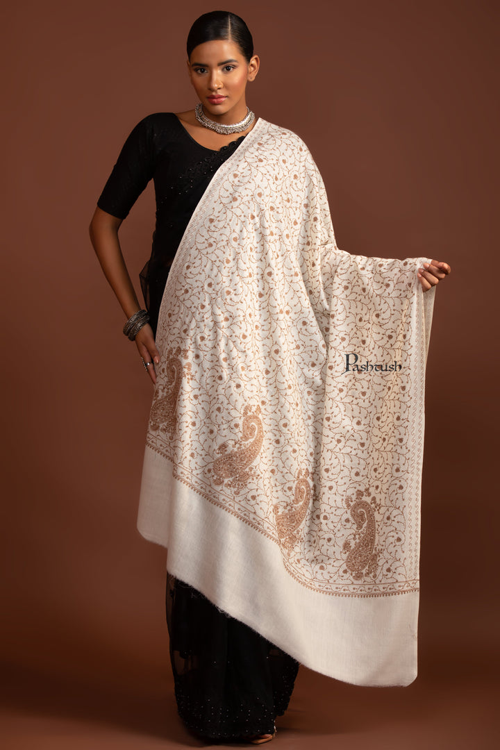 Pashtush Womens Fine Wool Shawl, Tone On Tone Embroidery, Ivory