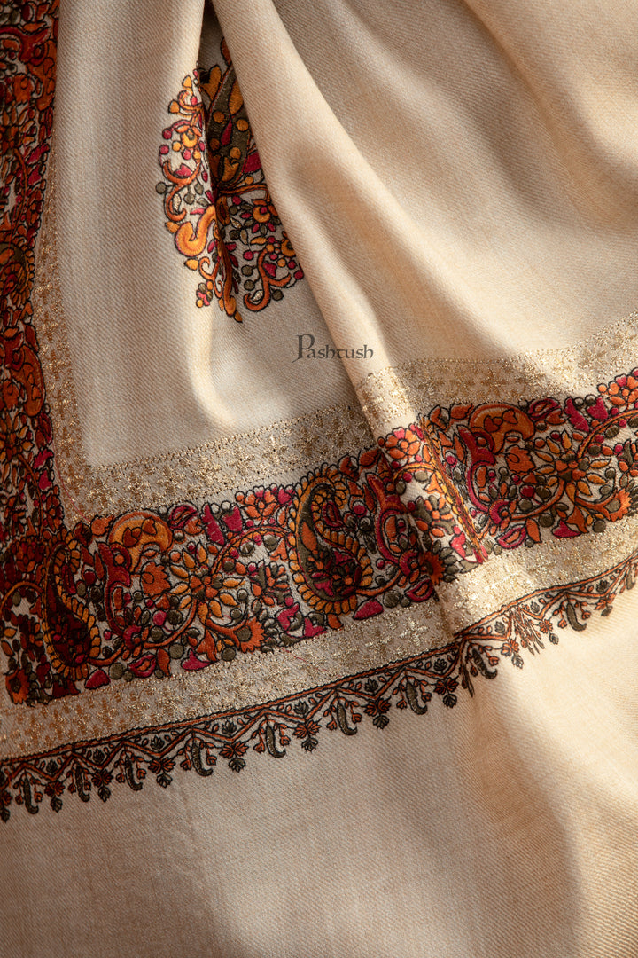 Pashtush Womens Fine Wool Shawl, Challa Daur With Metallic Detailing Design, Beige