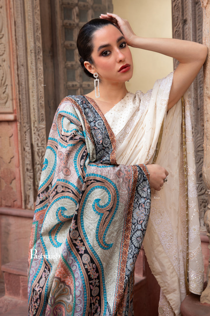 Pashtush Womens Kalamkari Shawl with Hand Embroidered Outline, Soft Fine Wool