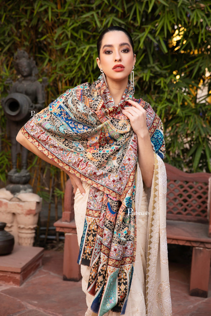 Pashtush Womens Kalamkari Shawl with Hand Embroidered Outline Work, Fine Wool, Jewels