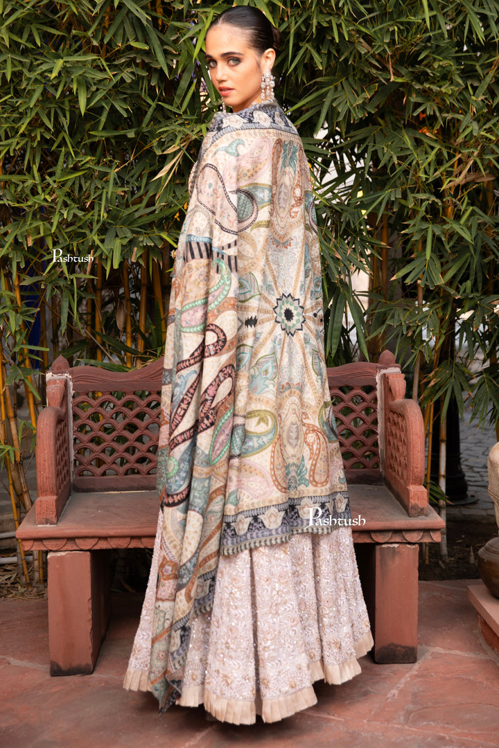 Pashtush Womens Kalamkari Shawl with Hand Embroidered Outline Work, Fine Wool, Pastels