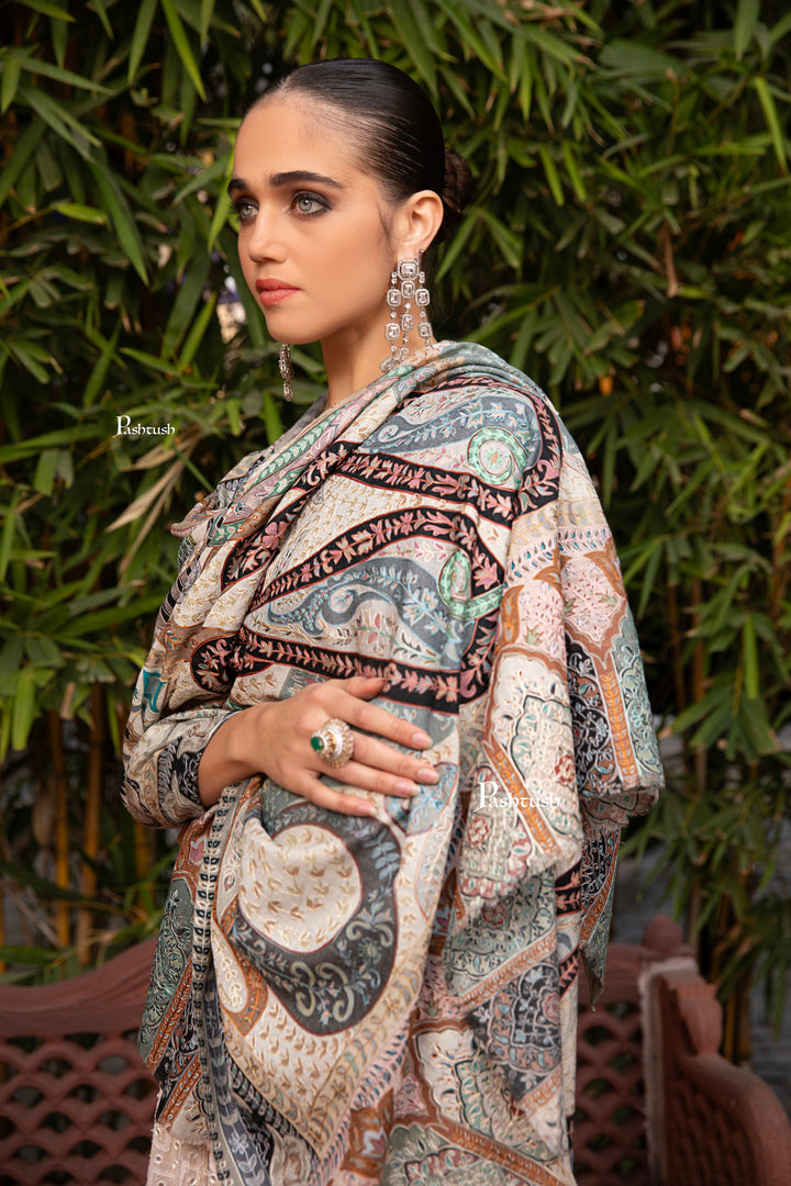 Pashtush Womens Kalamkari Shawl with Hand Embroidered Outline Work, Fine Wool, Pastels