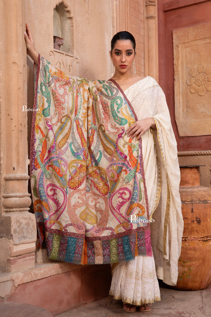 Pashtush Womens Kalamkari Shawl with Hand Embroidered Outline, Fine Wool, Dreamy Pastels