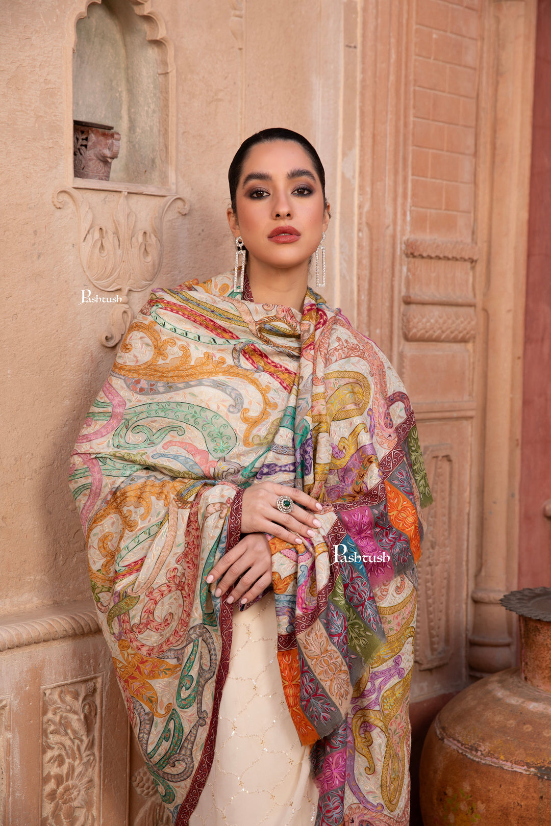 Pashtush Womens Kalamkari Shawl with Hand Embroidered Outline, Fine Wool, Dreamy Pastels