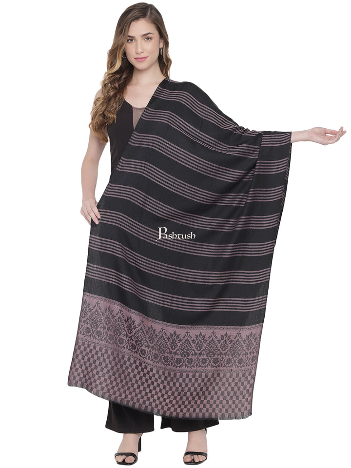 Pashtush Womens, Fine Wool Stole, Striped Weave, Black and Muave
