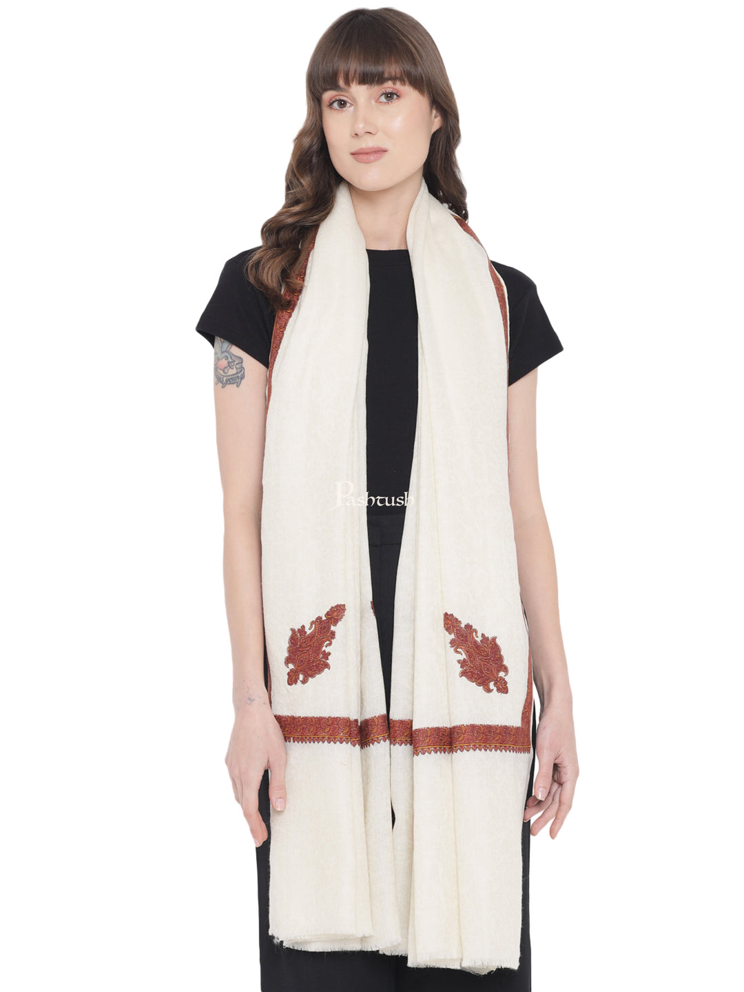 Pashtush Women's Kingri Border Embroidery Shawl, Fine Wool, Ivory