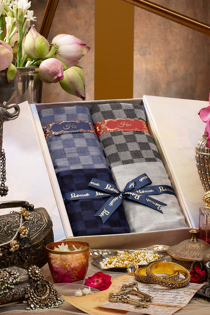 Pashtush His And Her Gift Set Of Silk Wool Stoles With Premium Gift Box Packaging, Checkered Weave, Blue and Grey