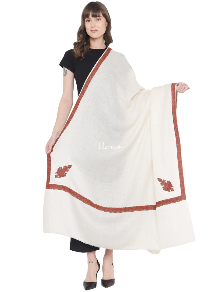 Pashtush Women's Kingri Border Embroidery Shawl, Fine Wool, Ivory