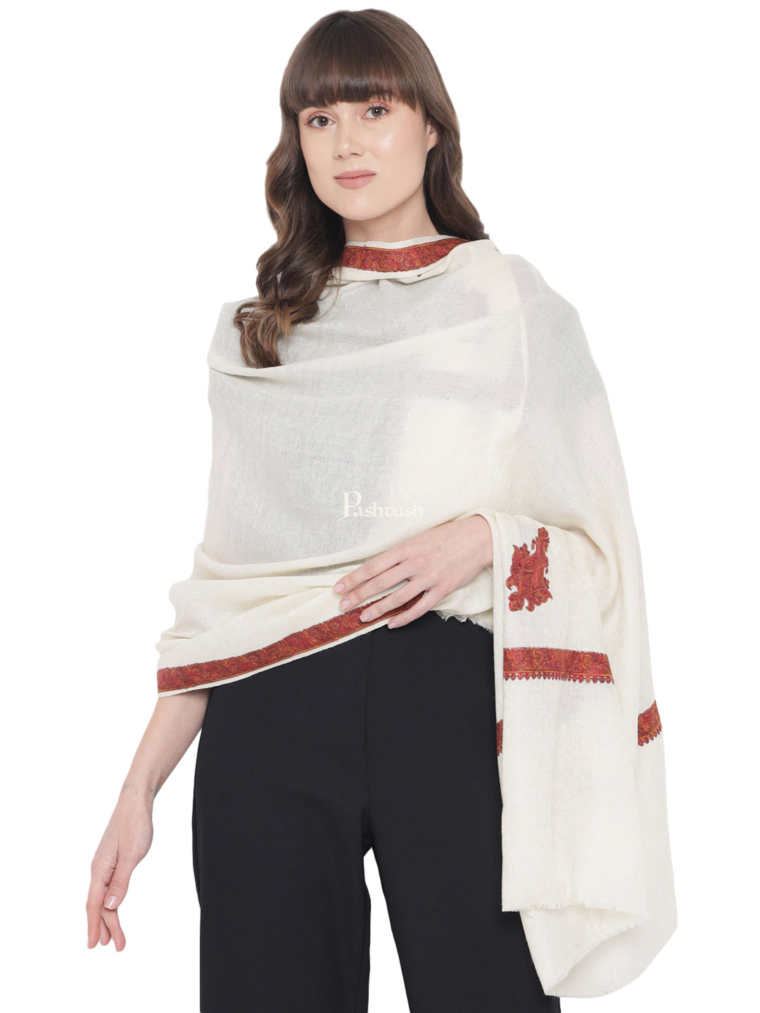 Pashtush Women's Kingri Border Embroidery Shawl, Fine Wool, Ivory