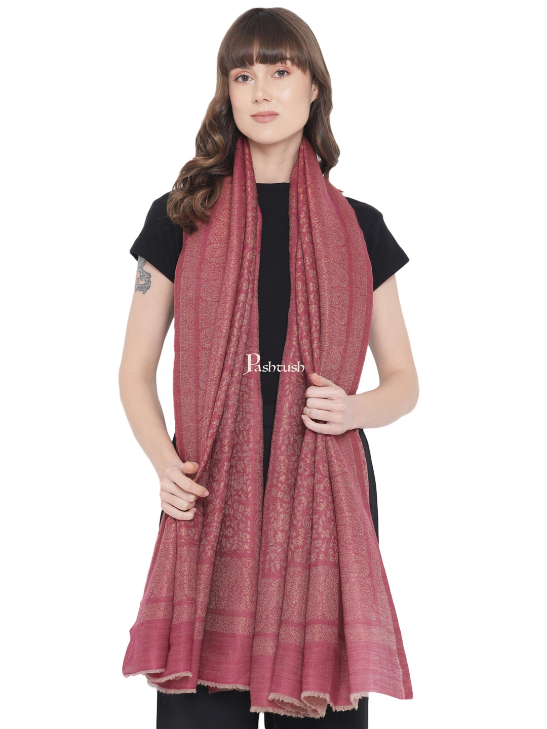 Pashtush Womens Twilight Collection Stole, With Metallic Weave, Fine Wool, Rose Maroon