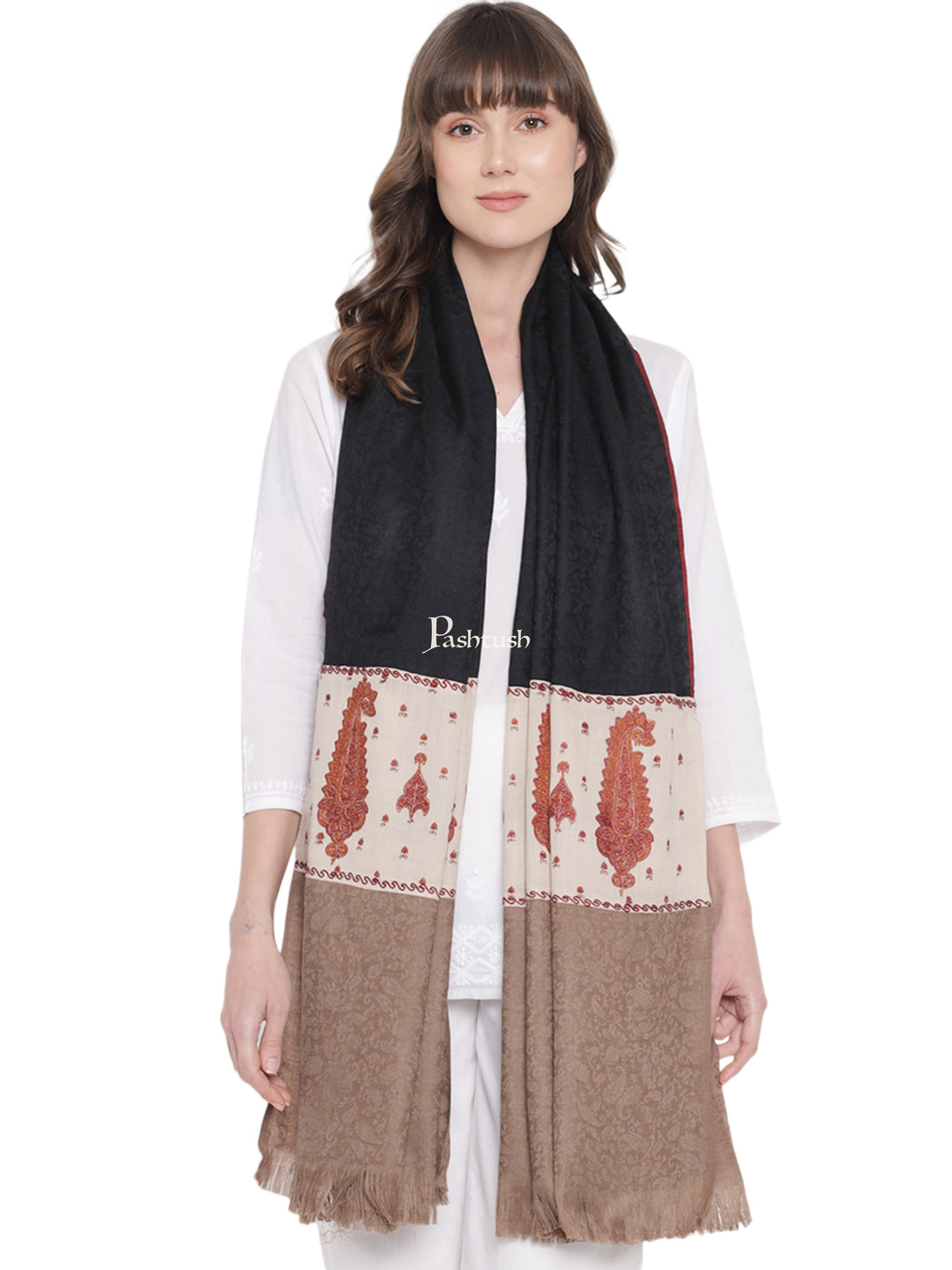 Pashtush Womens Kashmiri Embroidery Shawl, Soft and Warm, Stitched Palla, Beige and Black