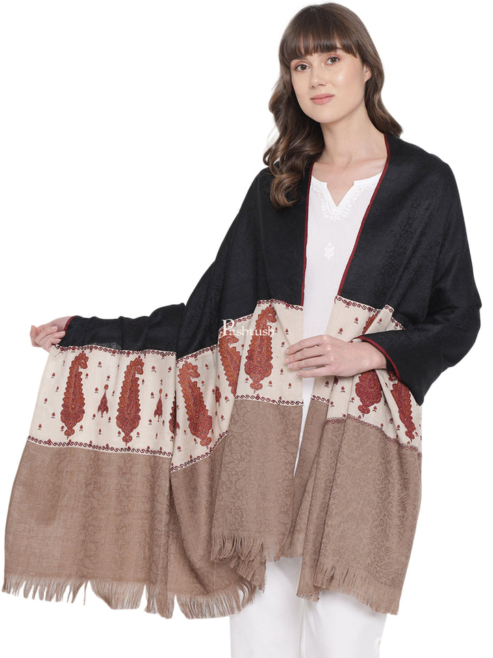 Pashtush Womens Kashmiri Embroidery Shawl, Soft and Warm, Stitched Palla, Beige and Black