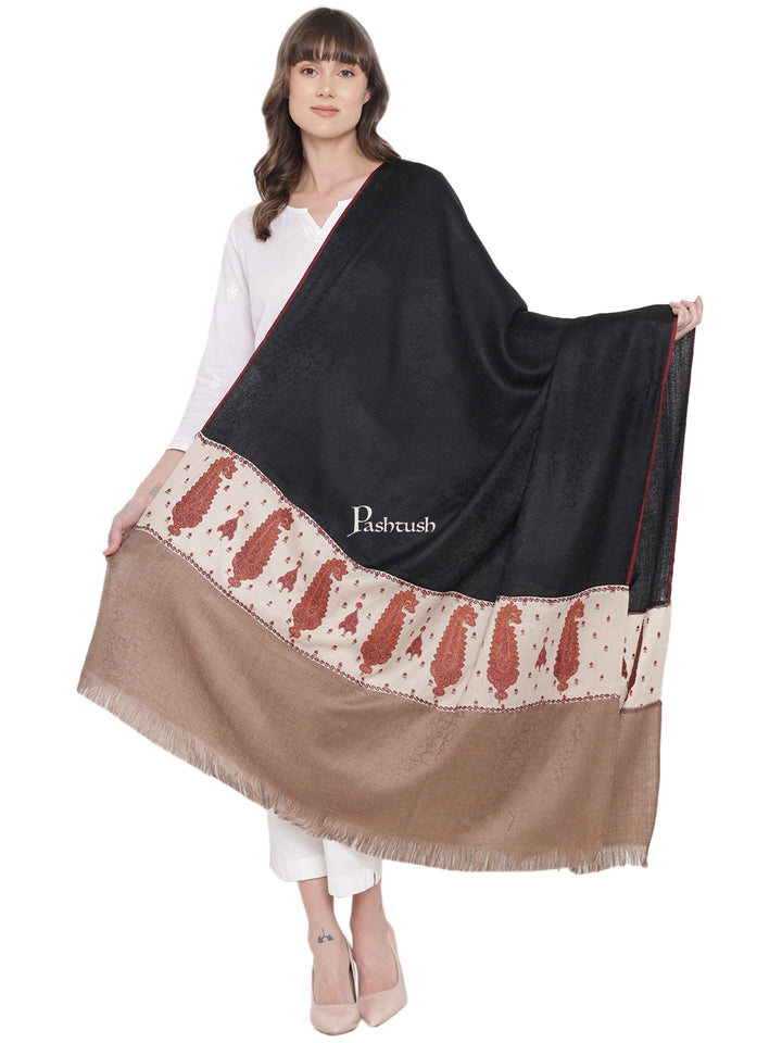 Pashtush Womens Kashmiri Embroidery Shawl, Soft and Warm, Stitched Palla, Beige and Black