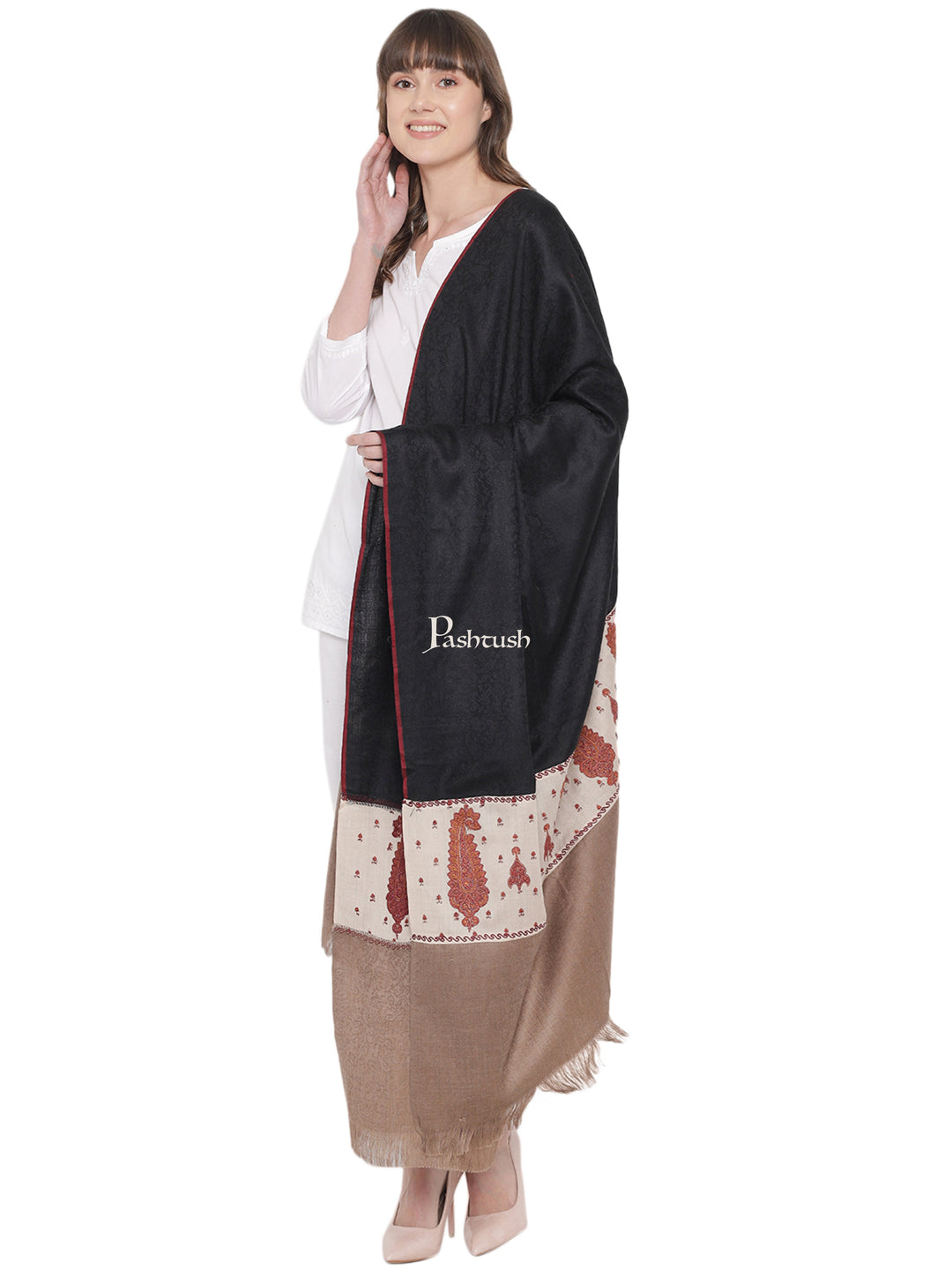 Pashtush Womens Kashmiri Embroidery Shawl, Soft and Warm, Stitched Palla, Beige and Black