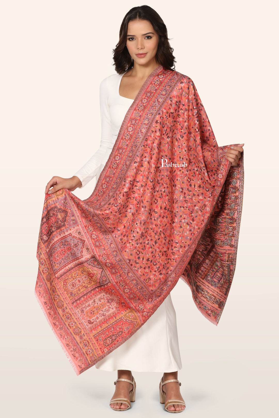 Pashtush Womens Faux Pashmina Stole, Ethnic Weave Design, Peach