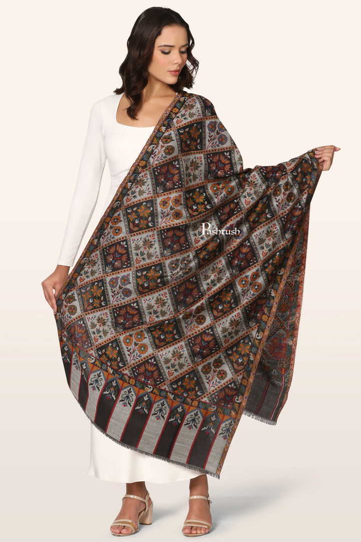 Pashtush Womens Faux Pashmina Stole, Ethnic Weave Design, Black