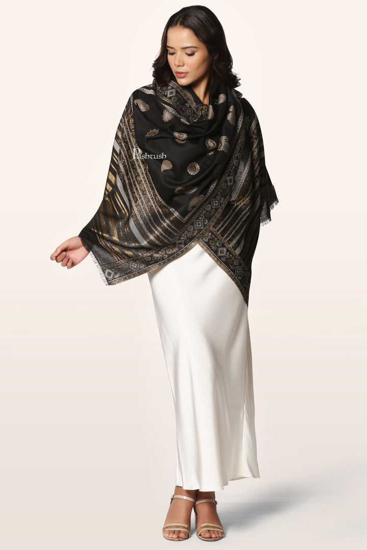 Pashtush Womens Faux Pashmina Stole, With Zari Paisley Design, Black