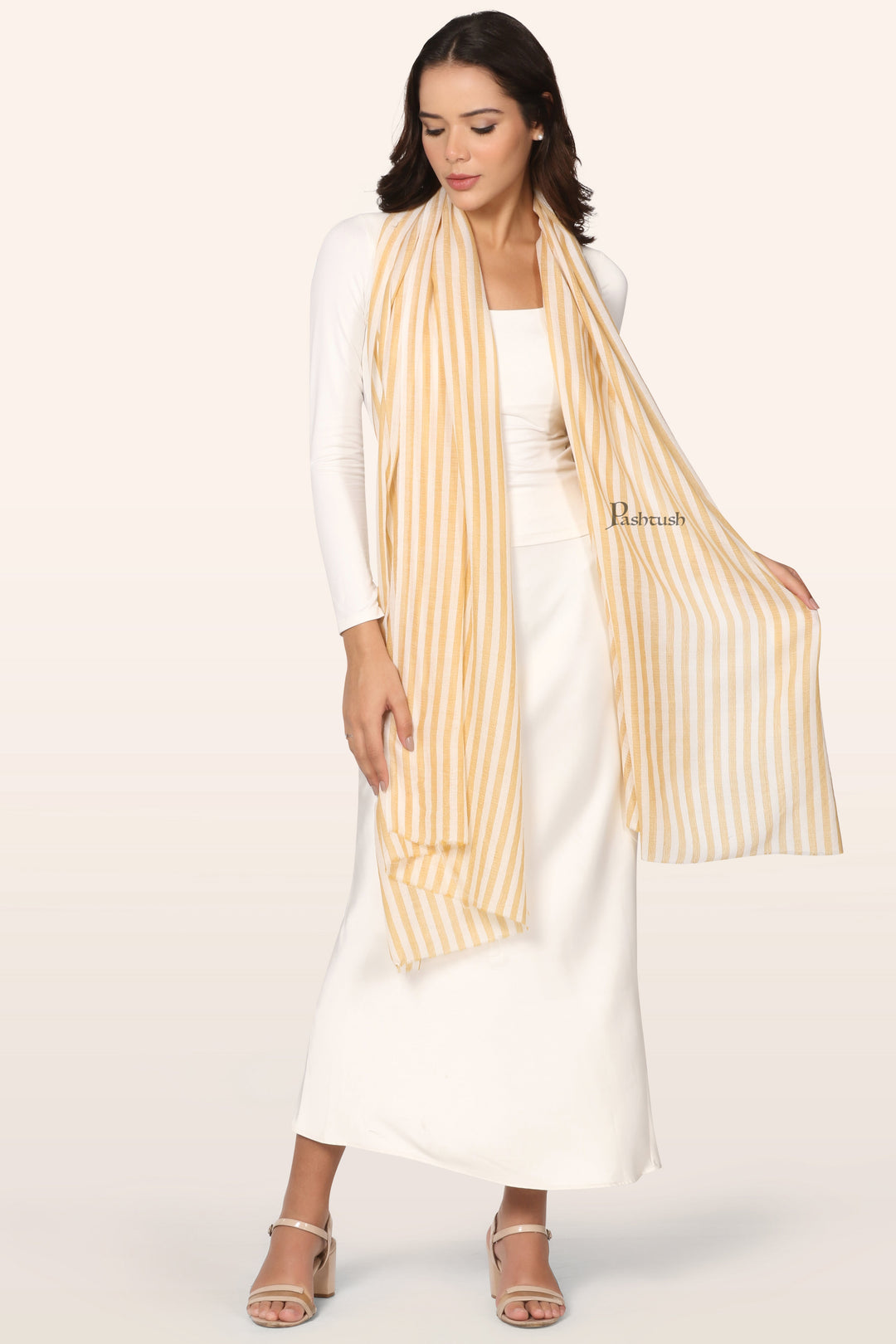 Pashtush Womens Extra Fine Silk Wool Stole, Woven Stripes, Extra Soft, Sunflower Ivory