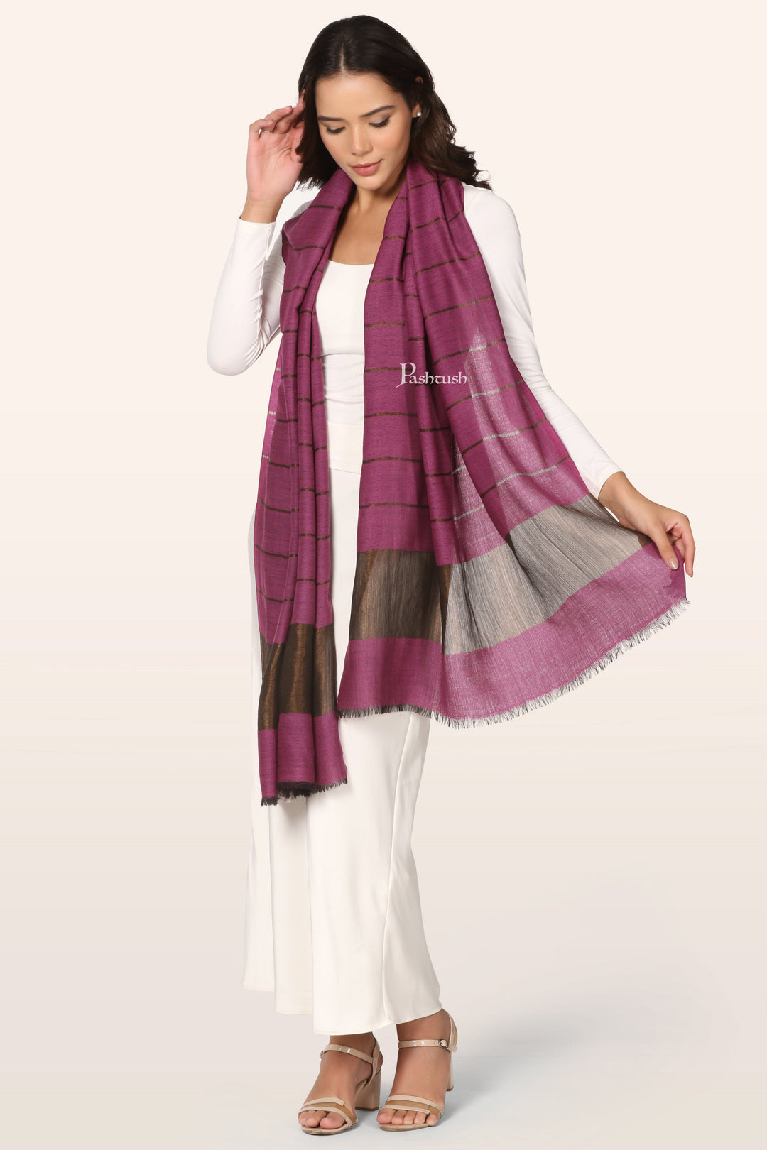 Pashtush Womens Twilight Collection Stole, With Striped Weave, Soft and Warm, Silk Wool, Pink