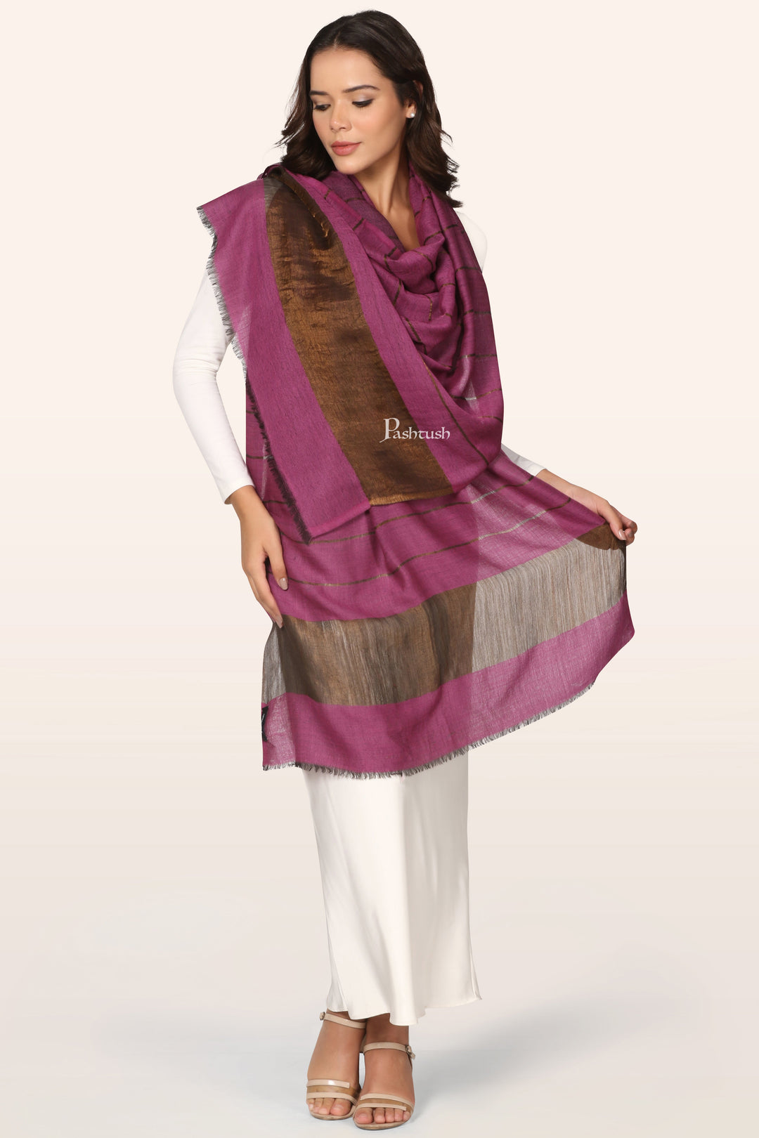 Pashtush Womens Twilight Collection Stole, With Striped Weave, Soft and Warm, Silk Wool, Pink