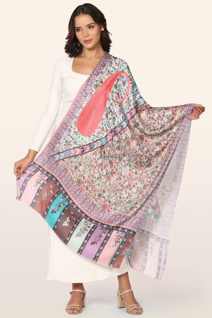 Pashtush Womens Stole, Soft bamboo, Print with Multicoloured Aari Embroidery