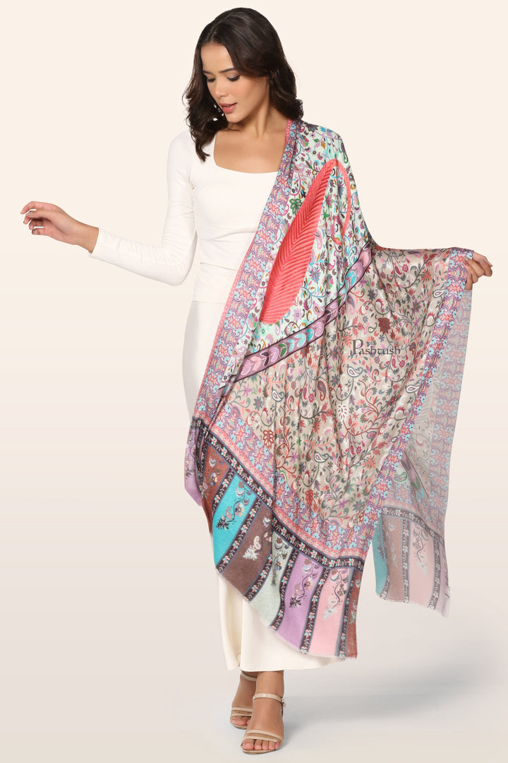 Pashtush Womens Stole, Soft bamboo, Print with Multicoloured Aari Embroidery