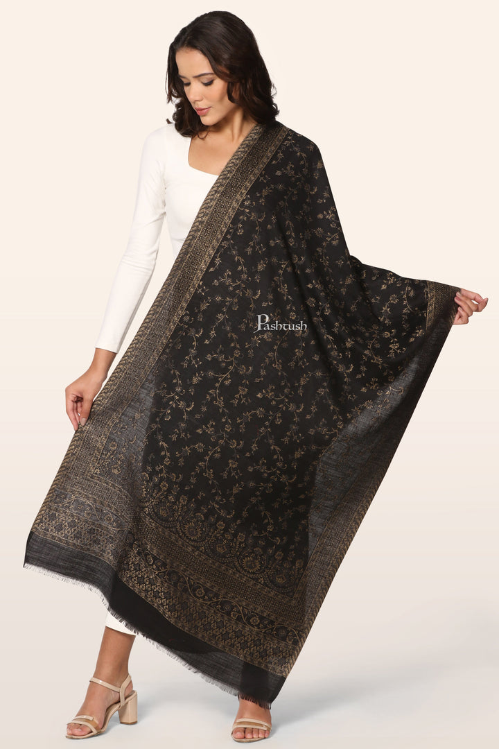 Pashtush Womens Faux Pashmina Stole, With Zari Paisley Design, Black