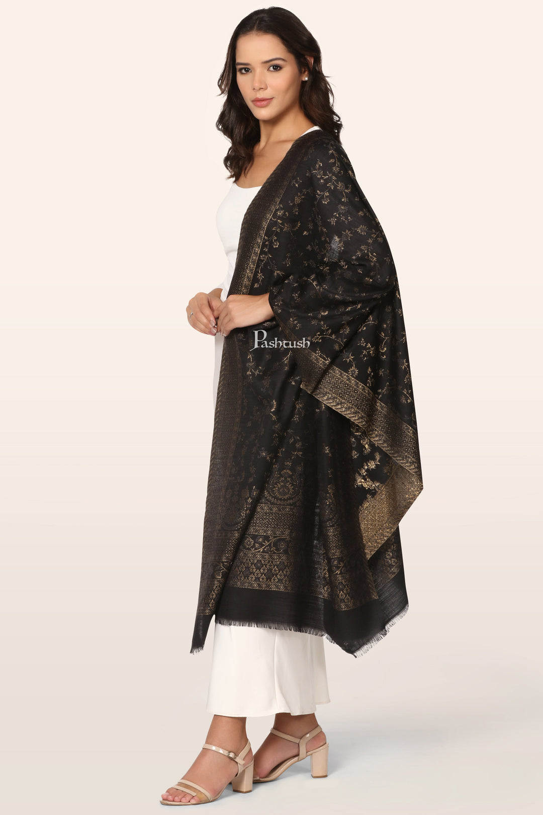 Pashtush Womens Faux Pashmina Stole, With Zari Paisley Design, Black