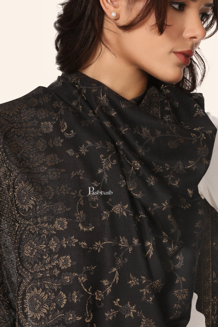 Pashtush Womens Faux Pashmina Stole, With Zari Paisley Design, Black