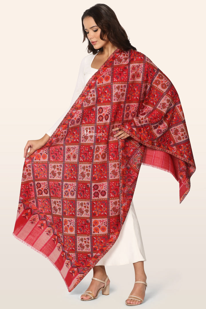 Pashtush Womens Faux Pashmina Stole, Ethnic Weave  Design, Maroon